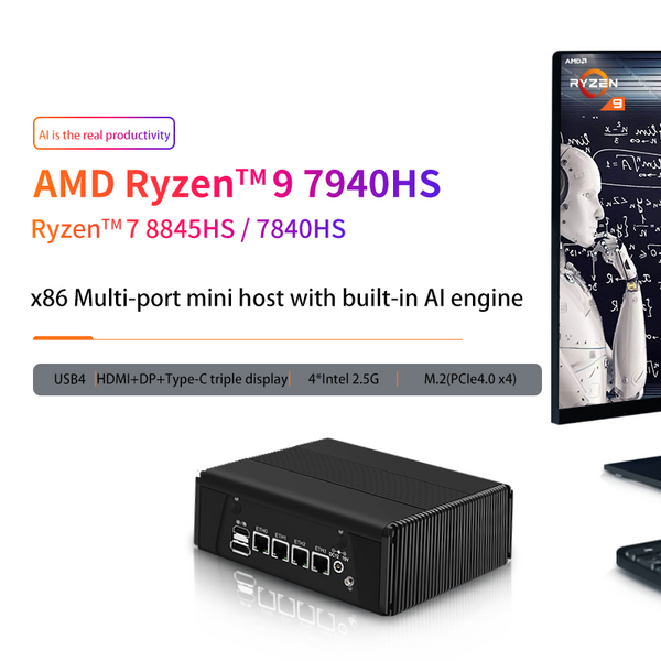 AMD Ryzen 7 R7-7840HS/7940HS 4x i226-V 2.5G LAN 2xM.2 NVMe PCIE mini host USB4 high-speed transmission CPU built-in AI engine