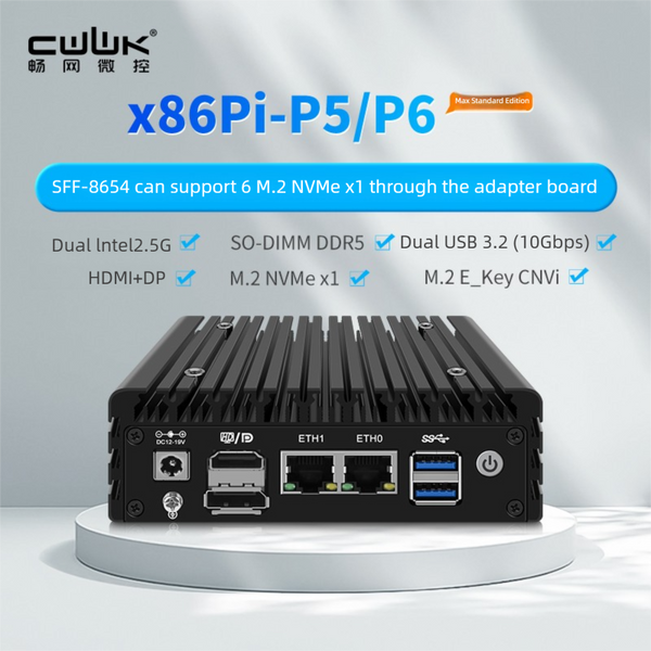 CWWK x86Pi-P5/P6 MAX Chassis Mini Router 12th Generation Intel N100 i3-N305 DDR5 4800MHz Firewall Computer 2x i226-V 2.5G (Upgraded Version)