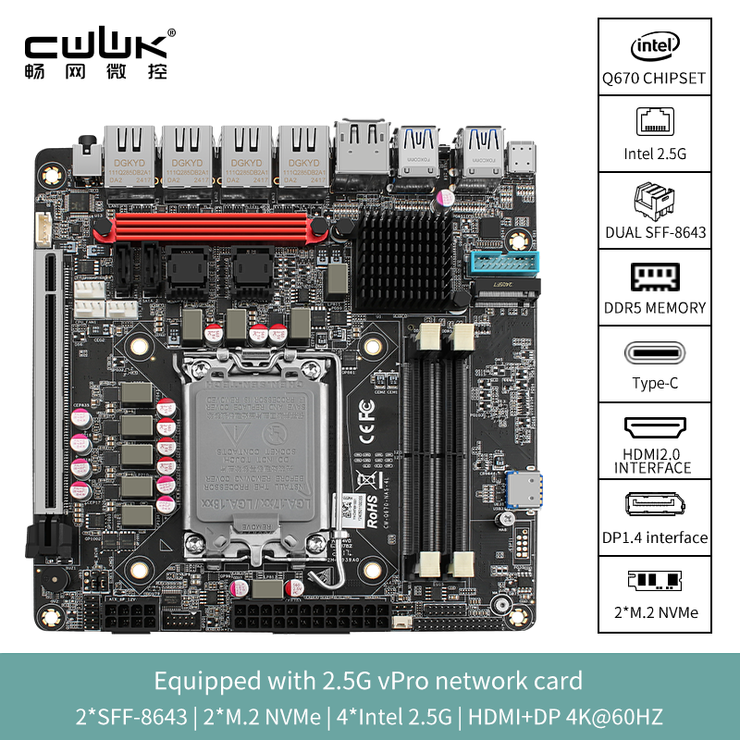 New Q670 4x Intel 2.5G Ethernet port 8-bay NAS motherboard for Intel 12/13/14 generation CPU | 3x M.2 NVMe | 8x SATA3.0 | HDMI+DP 4K@60Hz vPro Enterprise-class Commercial NAS