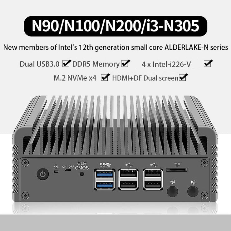 12th Gen Intel Firewall Mini PC Alder Lake i3 N305 8 Core N200 N100 Fanless Soft Router Proxmox DDR5 4800MHz 4xi226-V 2.5G