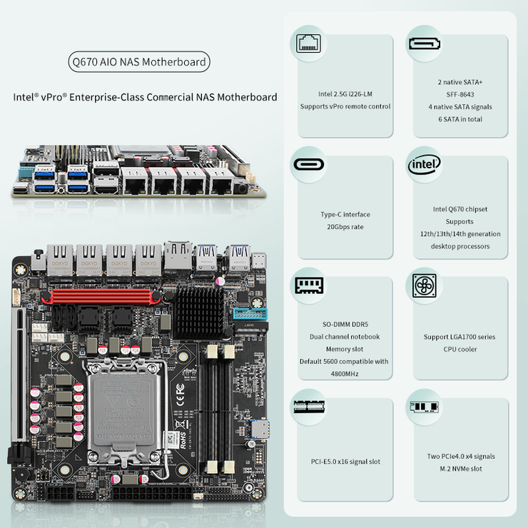 New Q670 4x Intel 2.5G Ethernet port 8-bay NAS motherboard for Intel 12/13/14 generation CPU | 3x M.2 NVMe | 8x SATA3.0 | HDMI+DP 4K@60Hz vPro Enterprise-class Commercial NAS