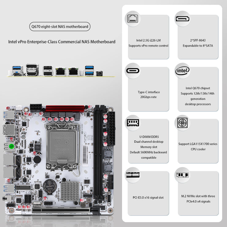 Q670-8Bay NAS Mini ITX Motherboard Upgraded Version,LGA1700 Supports intell12-14 Gen Processors,DDR5,Dual 4k Displays,5X USB3/2,8 SATA3.0 Ports, I226LM 2.5G with vPro (Q670+2xSFF-8643)